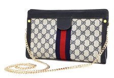 GUCCI VINTAGE GG Supreme Shoulder Bag Purse Web Stripe Navy Classic Authentic picture