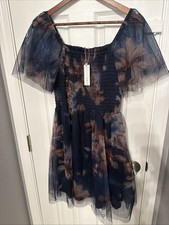 Baltic Born Floral Smocked Medium Dress Navy Blue Sheer Sleeve Mini Romantic NWT picture