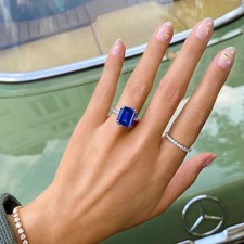 4.30 Ct Emerald Cut Natural Blue Sapphire Diamond Engagement Ring 950 Platinum picture