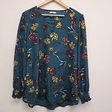 Maurices Floral Printed Blouse Top Size XL Lattice Neck Smocked Sleeve Cuffs picture