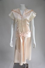 Vintage 1940s Gleaming Peach Satin Party Wedding Dress Buttons Tea Length M picture