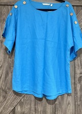 Soft Surroundings Andrea Linen Blend Pullover Blue Button Shoulder Top M picture
