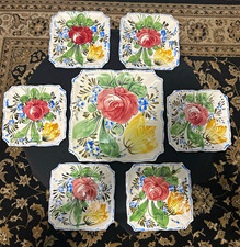 Vintage Italian Majolica 7-Piece Dessert Set, Nove Rose Pattern, Hand Painted picture