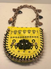 Versace Leather Handbag, NWOT, Yellow with black leather and rose gold chain picture