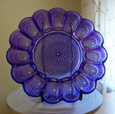 OOAK Artist-Designed Royal Amethyst Glow Vintage Indiana Glass Hobnail Egg Plate picture