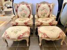 Stunning Rare Pair of French Louis XV Style Floral Bergeres Chairs with Ottomans picture
