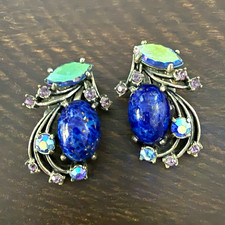 Vintage Schiaparelli Signed Blue Oval Rhinestone Earrings - Silver Tone - Rare picture