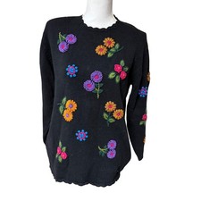 Christina Black Floral Embroidered Ramie Cotton Sweater Women L NWT Vintage picture