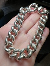 Vintage Chunky Sterling Silver Puffy Curb Chain Designer Circle Clasp Bracelet picture