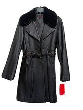 Vintage Via Spiga LEATHER + RABBIT FUR Belted Trench Coat Jacket Womens Medium picture