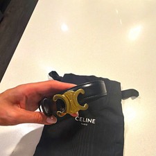 CELINE Women’s Black Skinny Fashion Belt Gold Logo Buckle Adjustable picture