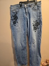 Jordache vintage Light Blue Denim Jeans with Black Floral Embroidery picture
