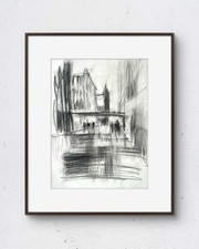 Downtown Walk No.1 9x12 Original Charcoal Drawing Home Interior Art On Paper picture