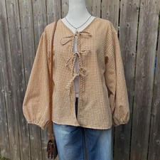 Honeydove Vintage Yellow & White Gingham Puff Sleeve Tie Top Cotton Linen Blend picture