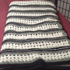 Handmade Crocheted Striped Blanket Throw Black Gray White 74 x 80 Rectangular picture