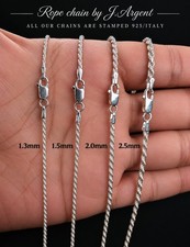 Solid 925 Sterling Silver Rope Chain Made In Italy 1.3mm 2mm 2.5mm Diamond Cut picture
