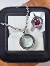 Small Silver Tone Glass Floating Locket Pendant Round Stainless Steel Chain J11 picture