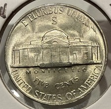 1944-S Jefferson Nickel WWII Silver War 5C Coin - BU End Of Roll (U406) picture