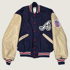 Vintage DeLONG Atlanta Braves Varsity Jacket Navy Blue Leather Wool Mens 42 MLB picture