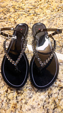 Menghi Women’s Black Thong Sandals Rhinestone Straps Buckle Adjustable 8 Jelly picture