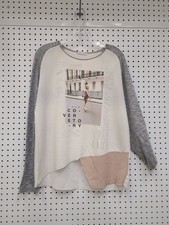 Zara Woman Long Sleeve Graphic Top With Contrasting Hem Beige & Gray picture