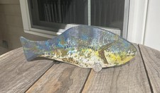 Folk Art Wood Hand Carved/Painted Blue Green Fish Lake Camp Cabin Folky Decor picture