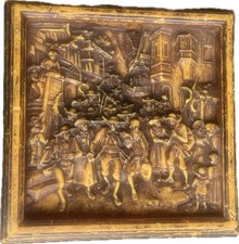 vintage German 3D wax relief wall plaque features a detailed folk art picture