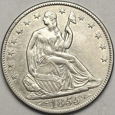1855-O SEATED LIBERTY  HALF DOLLAR, Arrows, AU+, New Orleans Mint picture
