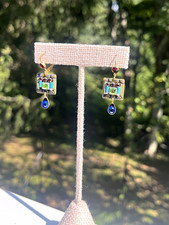 Vintage Signed Adaya Israel Mosaic Dangle Earrings Crystal Glass Boho Artisan picture