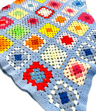 Vintage 1970s Granny Square Afghan Hand Crochet Colorful Retro Throw 40x78 picture