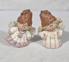 Vintage Cracked Crack Pot Angel Hand Painted Christmas Figurine Set of 2 Ceramic picture
