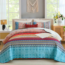 Super King Quilt Set, Boho Striped Plaid Bedspread, Blue Red picture