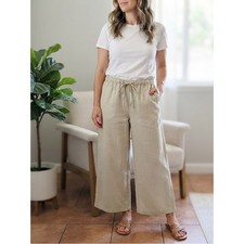 Linen Blend Woman’s Size Large/Tall Relaxed Wide-Leg Drawstring Pants in Sand picture