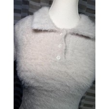 White Fuzzy Cropped Polo Sweater Knit Button Top Soft Short Sleeve Cropped Fit picture