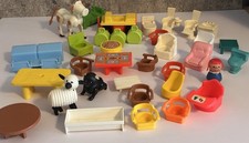 Vintage LOT OF 35 Fisher Price Little People Animals, Chairs, Luggage, Vehicle picture