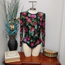 Vintage Laurence Kazar New York Beaded Sequin Silk Blouse Size M picture