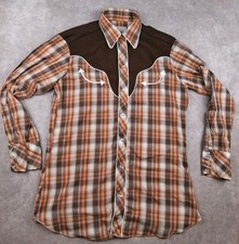 Vintage H Bar C Shirt 15.5 33 Medium Yoke Plaid Smile Pocket Pearl Snap True USA picture