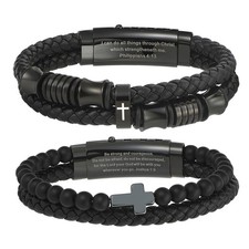 Men's Inspirational Bible Verse Cross PU Leather Bracelet Braided Christian Cuff picture