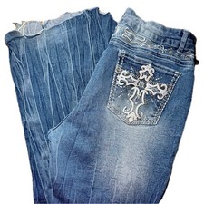 Unique ROMWE Faded Flare Jeans Rhinestone Pockets Embroidered Y2K Grunge picture