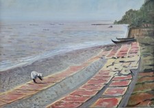 LEONID BERMAN “Shrimp Drying in Japan” Oil Painting on Canvas Framed 1968 *RARE* picture