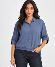 BCX Juniors Airflow Blouse Blue Button Front Roll Tab Sleeve Twist Hem Top picture