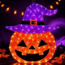 24 Inch Pre-Lit Halloween Pumpkin with Purple Witch Hat picture