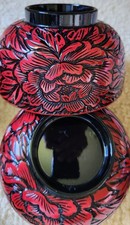Vintage Japanese Kamakura Bori Carved Lacquer 5 Bowls Red Black Peony MINT  picture