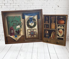 2 Signed H. Huntington Country Folk Art Paintings Doll/Fishing/Quilting 47”x 39” picture