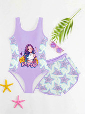 Girls K-Pop demon hunter Inspired Swimsuit Set One Piece Swimwear Matching Skirt picture