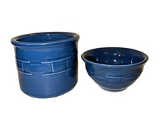 Longaberger Cornflower Blue 2 Woven Traditions Pottery Dessert Bowl & Pint Crock picture