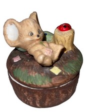 Cute Vintage Woodland Animal Mouse Mushroom Lady Big Trinket Boxes - 3” picture