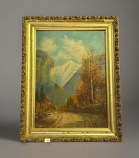 Antique Folk Art Oil on Board  Landscape Painting Franconia Notch New Hampshire  picture
