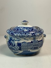 Historical Staffordshire Blue City Hall NY Sugar Bowl by Stubbs 1825 (Chipped) picture