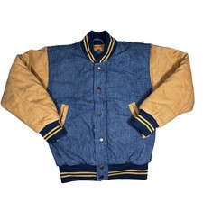 Vintage Outlooks Blue Denim Tan Canvas Varsity Bomber Jacket Small Striped Trim picture